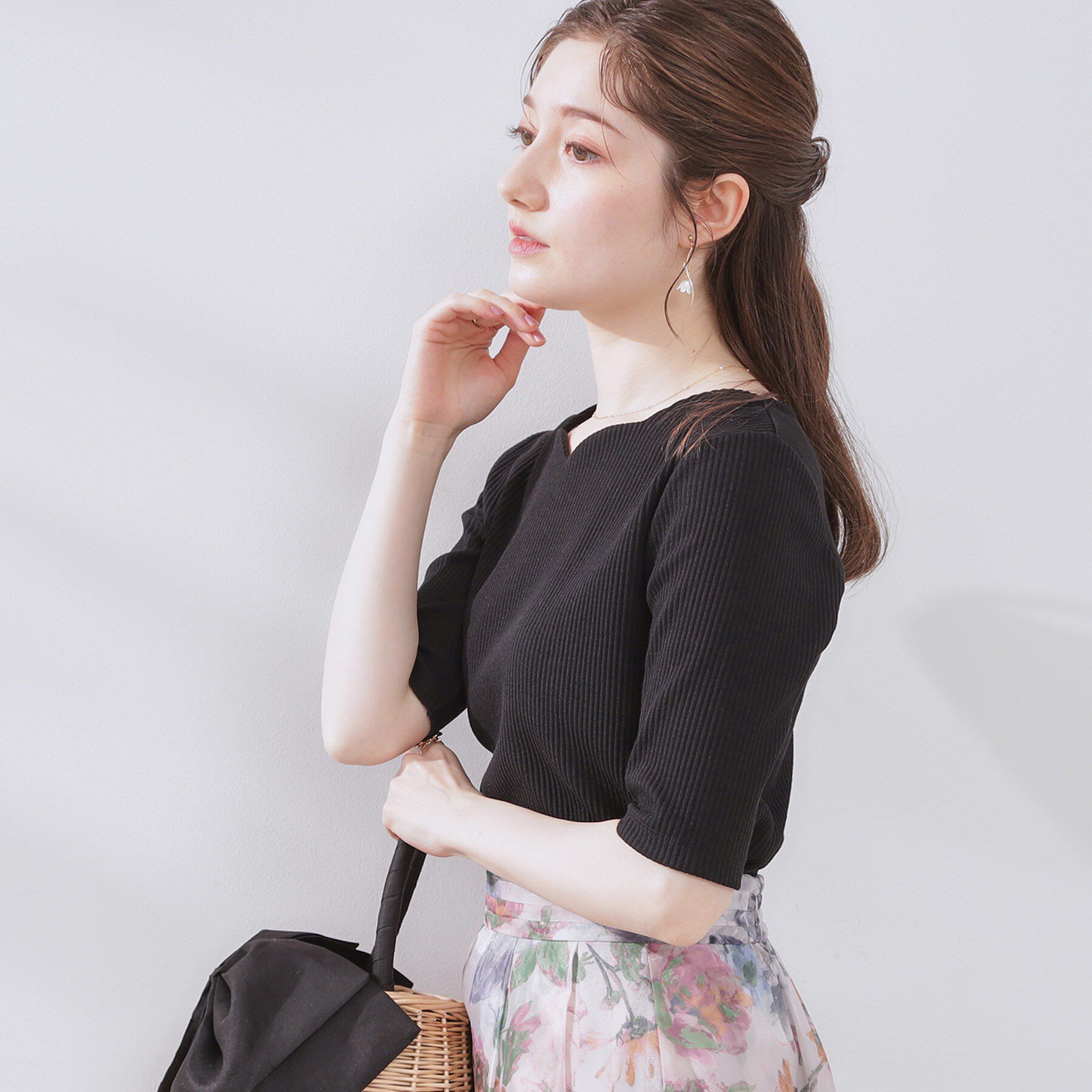 Couture broach「【マシンウォッシャブル・アンチピリング・二の腕カバー】ハートネックテレコ5分袖プルオーバー」|Tシャツ・カットソー|