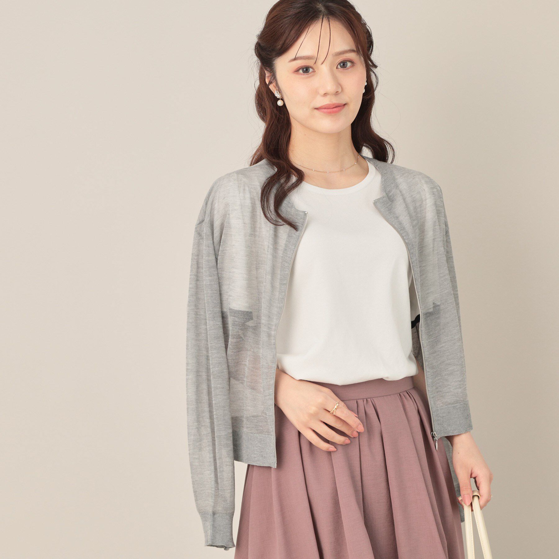 Couture broach「LEVITAシアージップアップブルゾン」|カーディガン|ライトグレー(011
