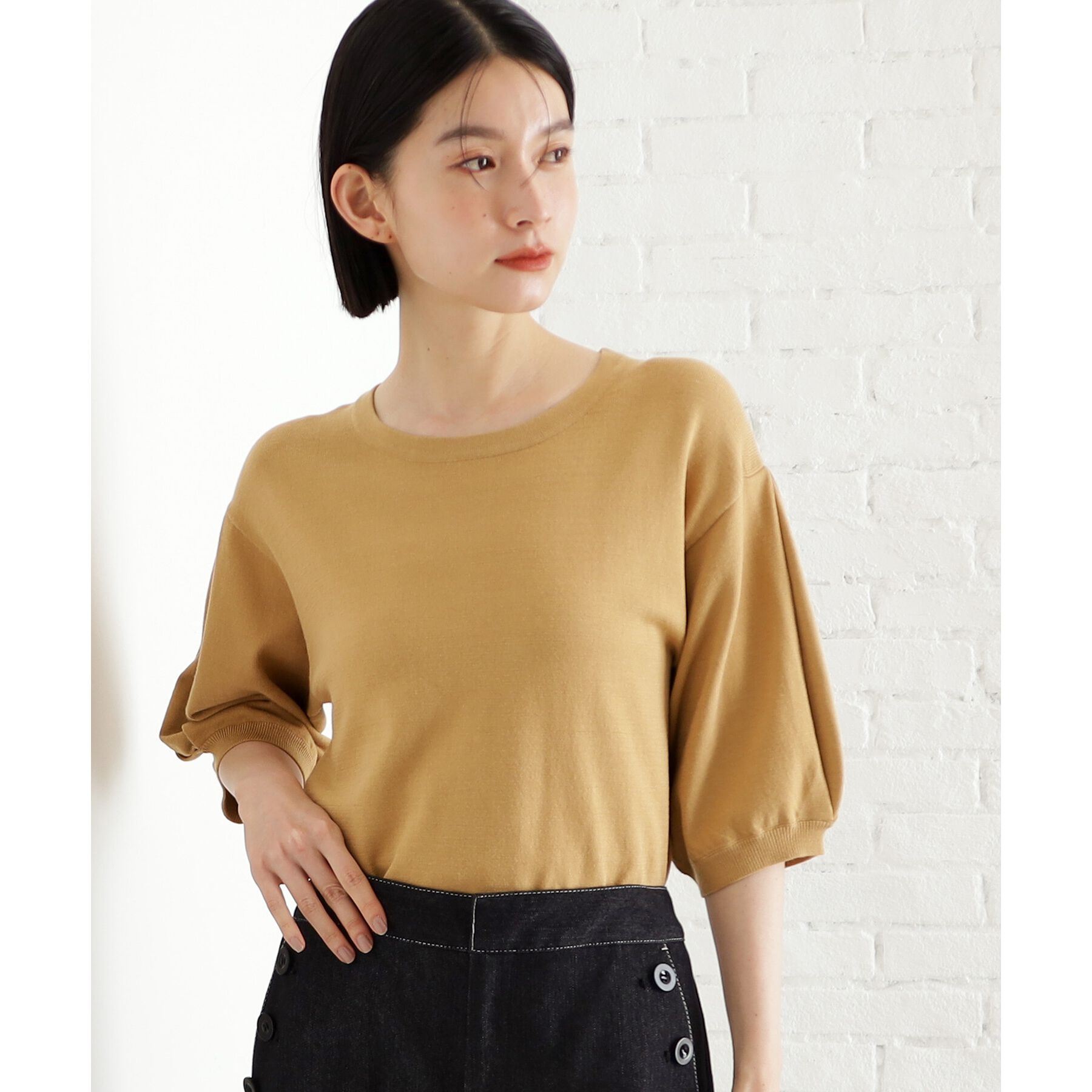 THE SHOP TK「【接触冷感/体型カバー】袖タック6分袖ニット/洗濯機OK/UVケア」|ニット・セーター|