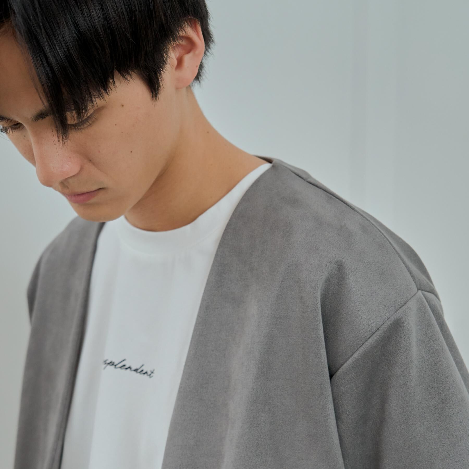 THE SHOP TK「フェイクスウェードアンサンブルカーディガン【五分袖カーディガン＋半袖Tシャツセットアイテム】」|カーディガン|