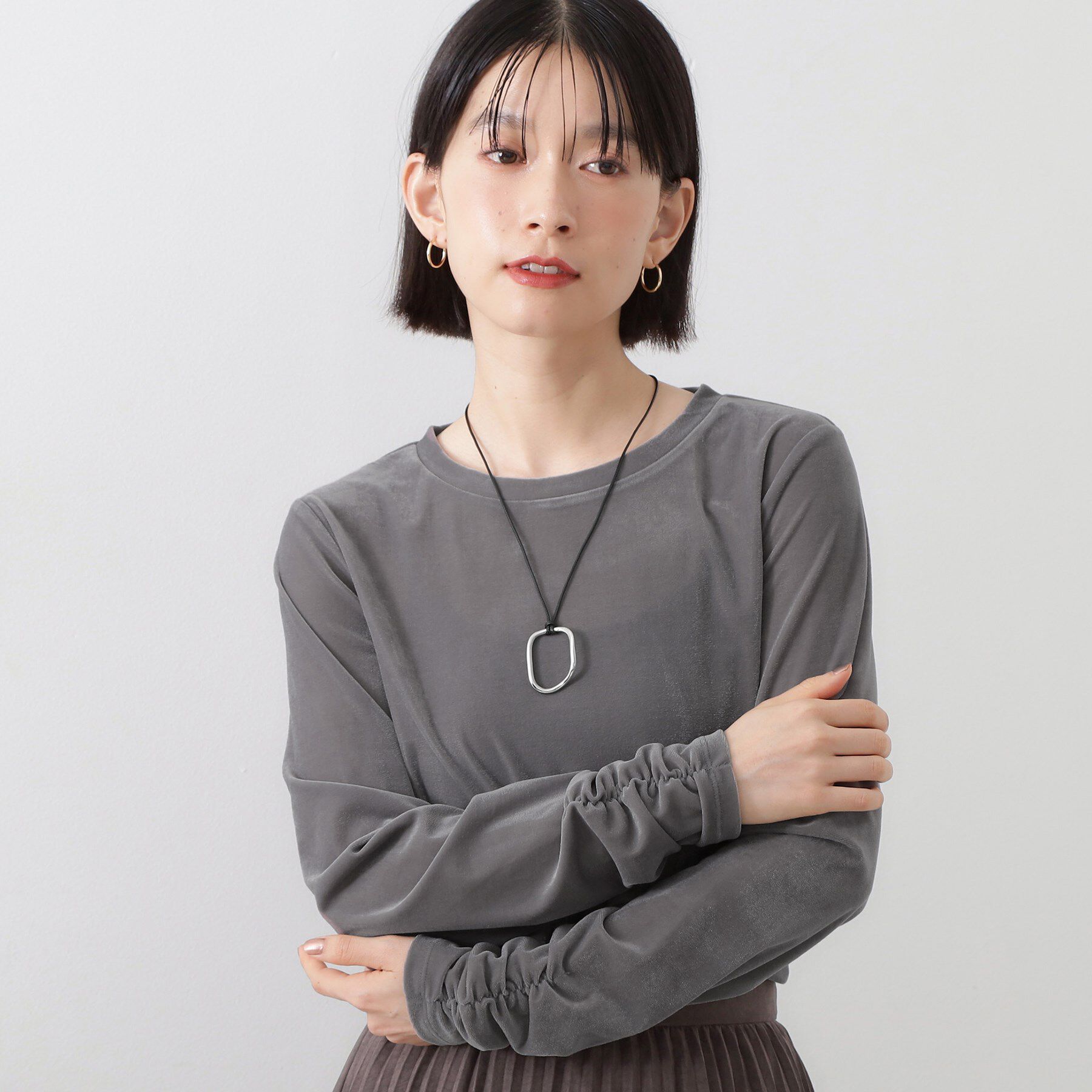 THE SHOP TK「【程よいシアー感】ベロア袖クシュプルオーバー」|Tシャツ・カットソー|チャコールグレー(0