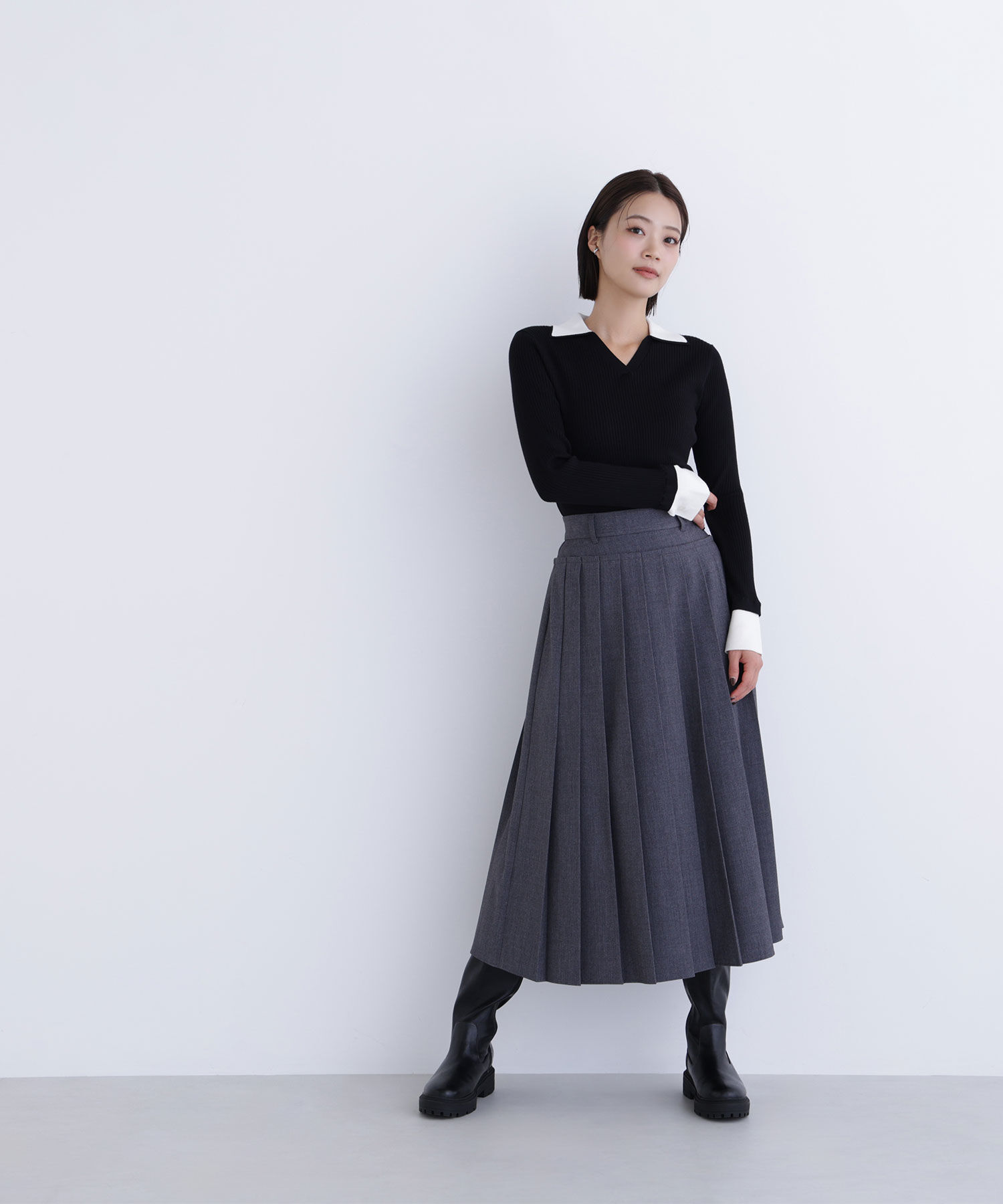  「ダブルカラーVネックリブニット」|ニット・セーター|