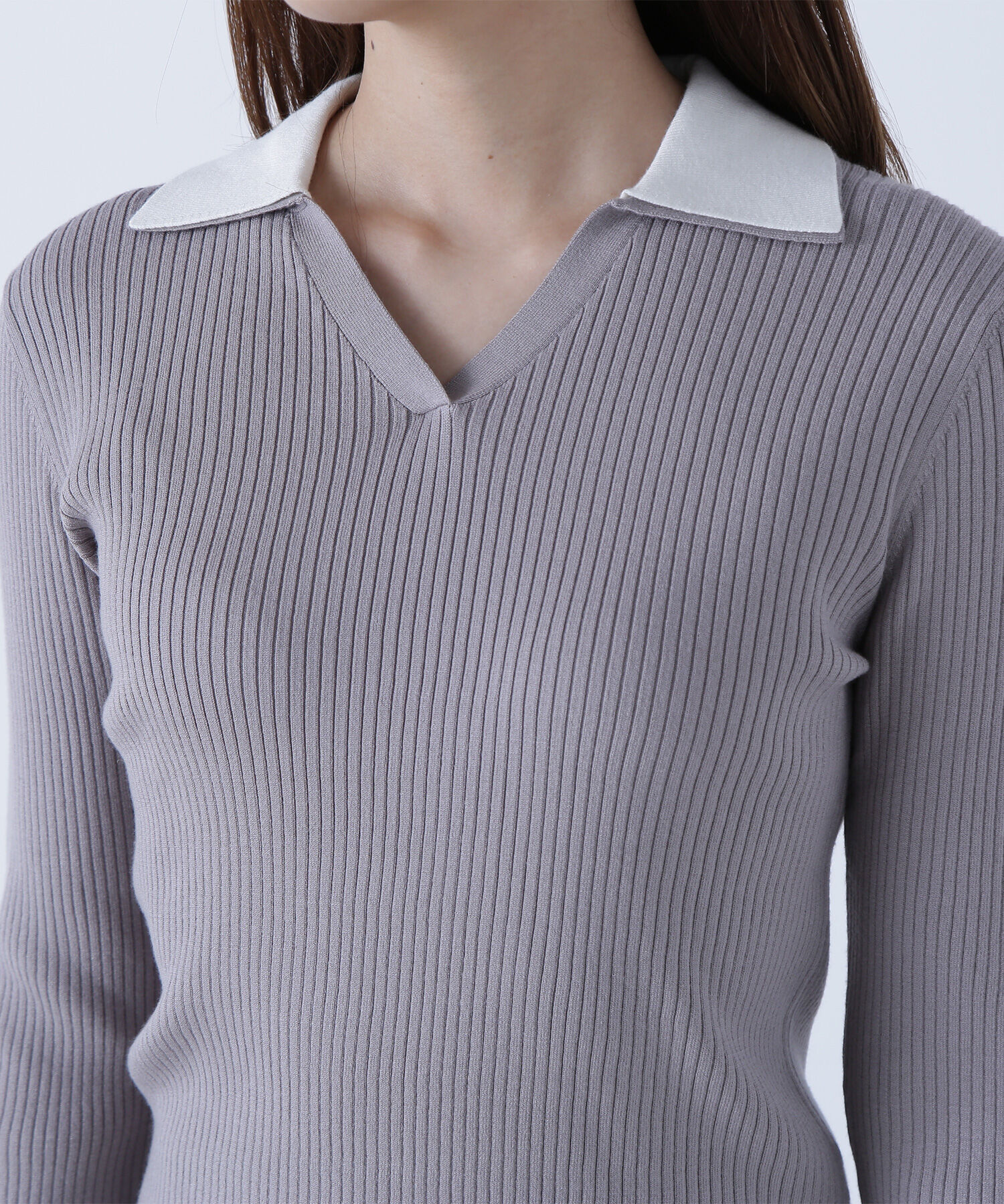  「ダブルカラーVネックリブニット」|ニット・セーター|