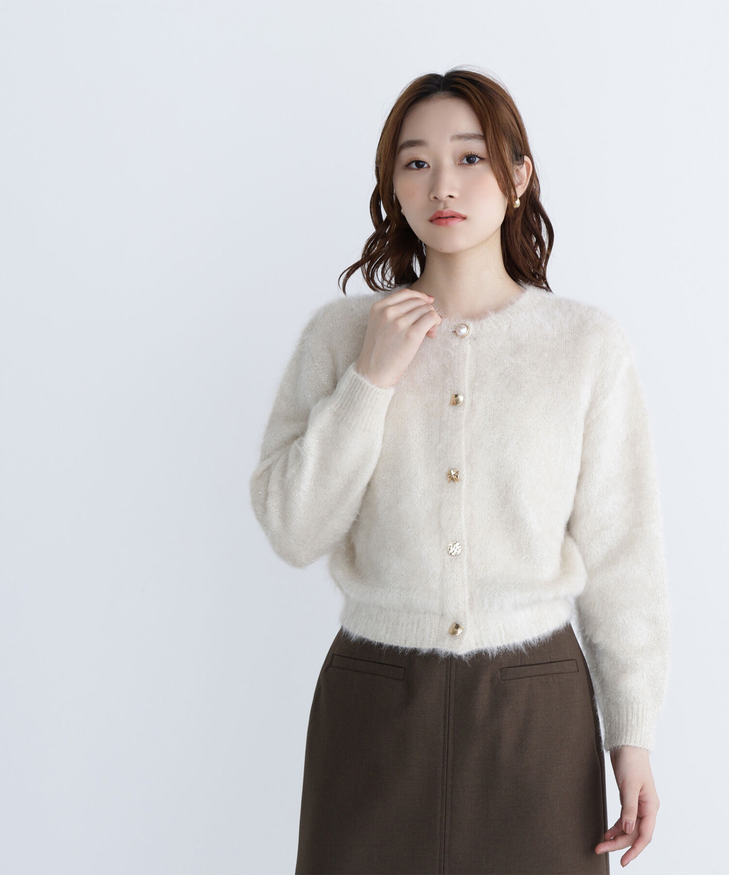  「デザインボタンラメシャギーカーディガン」|ニット・セーター|