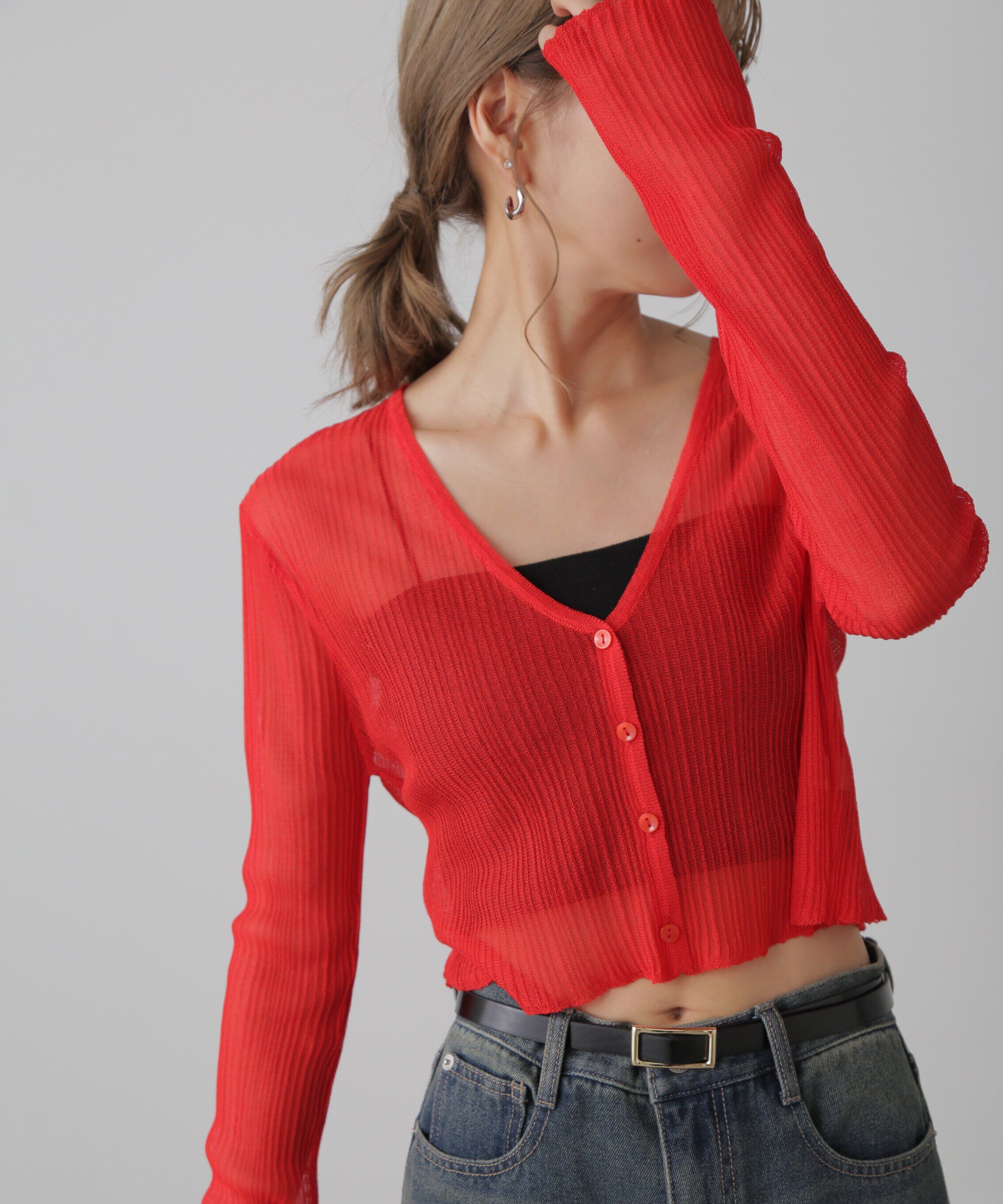  「シアーVネックコンパクトニットカーディガン」|ニット・セーター|