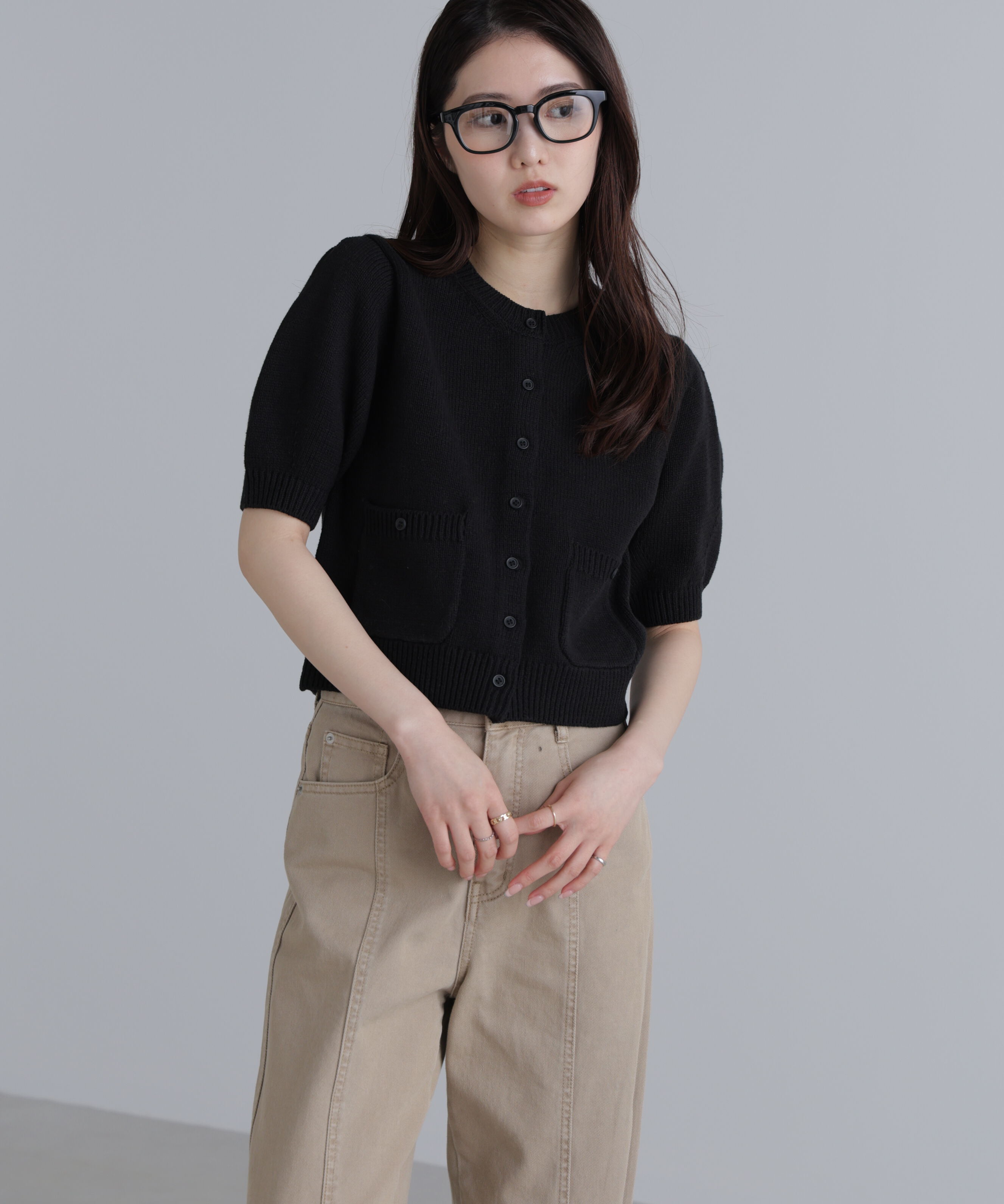  「フロントポケット半袖カーディガン」|ニット・セーター|