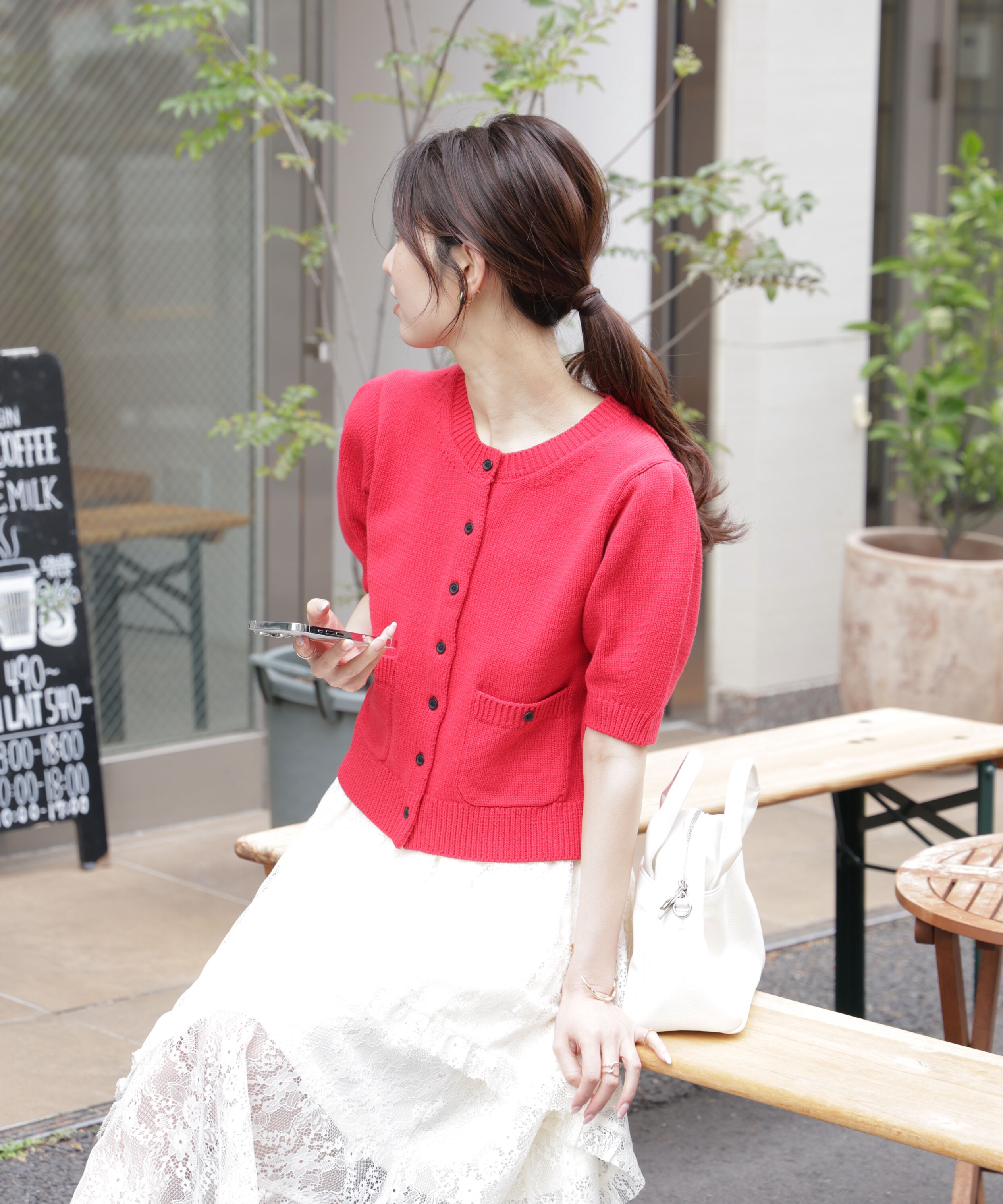  「フロントポケット半袖カーディガン」|ニット・セーター|