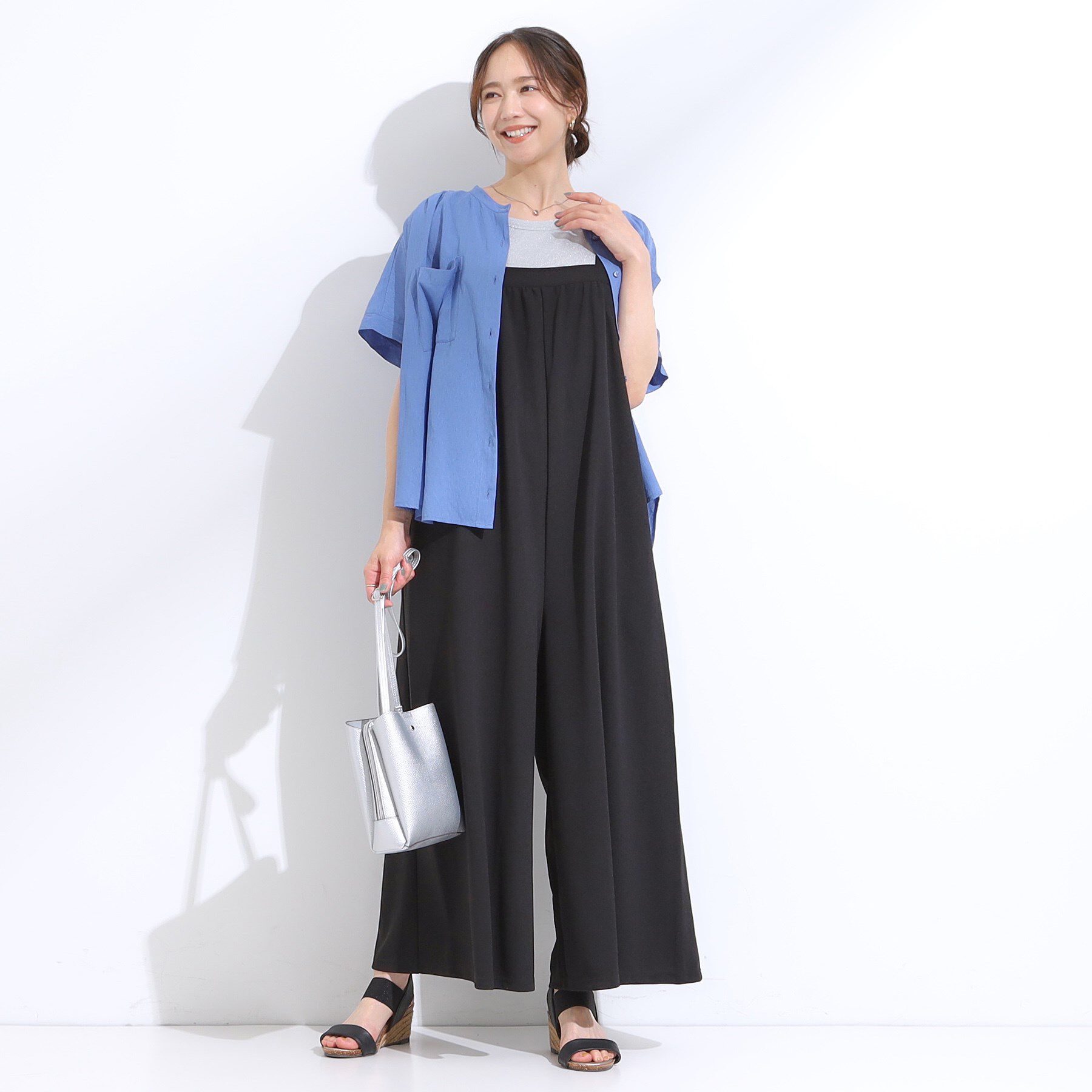 SHOO･LA･RUE「【洗える/S-LL】裏がサラサラ やわらか ギャザーサロペット」|オールインワン|