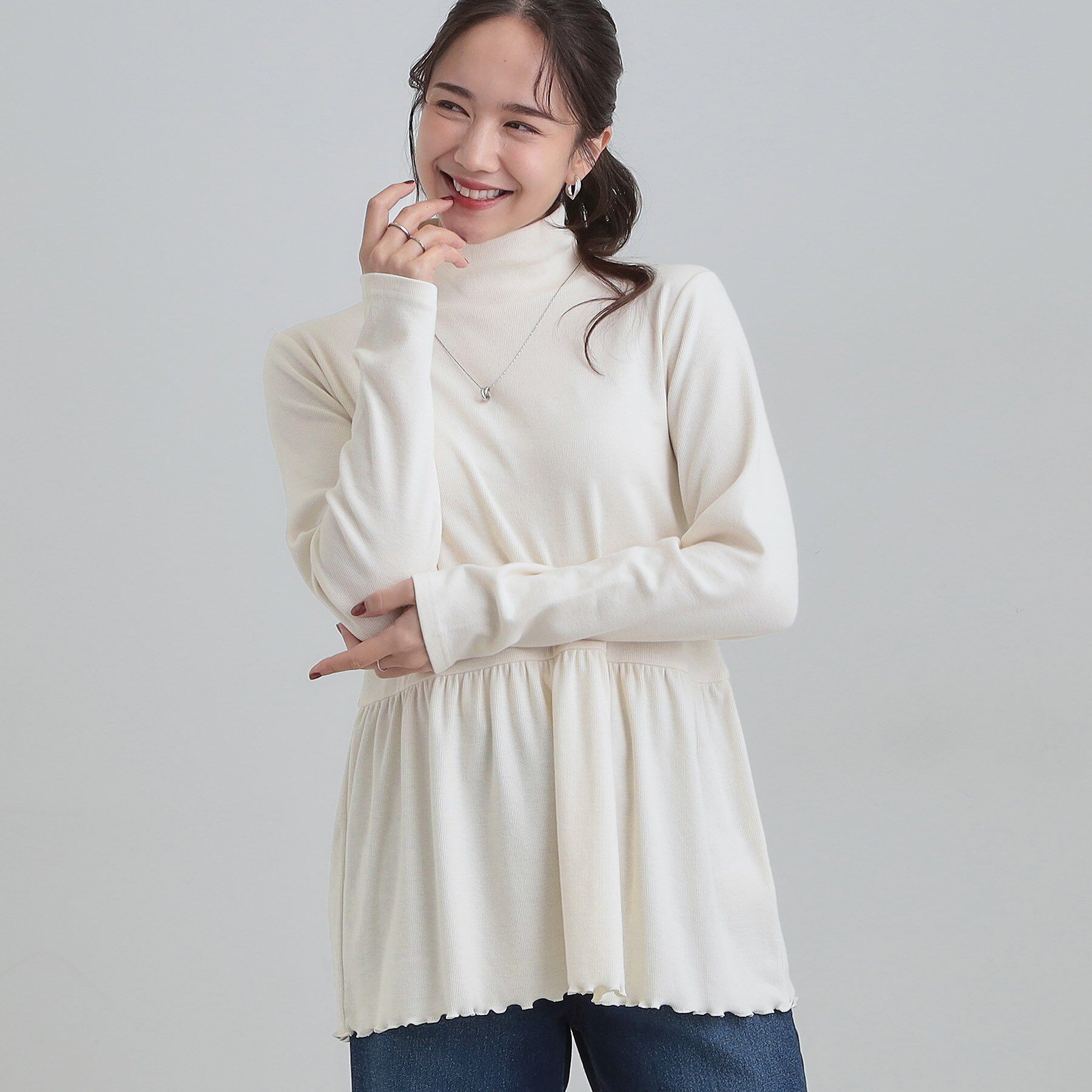 SHOO･LA･RUE「【洗濯機可/S-LL】品よく重ねる ペプラムリブトップス」|チュニック|オフホワイト(003