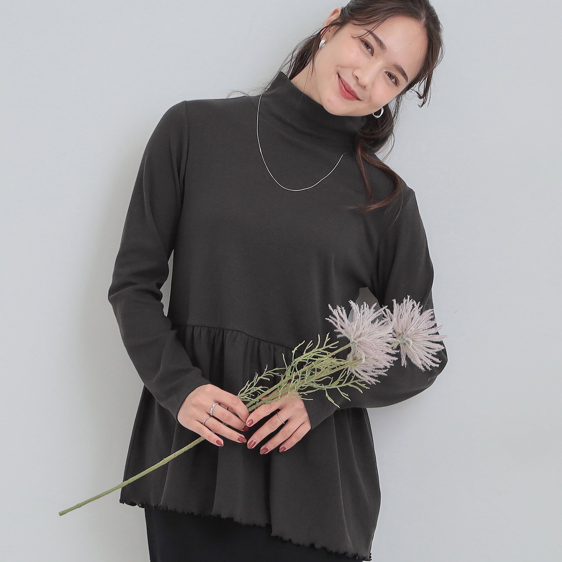 SHOO･LA･RUE「【洗濯機可/S-LL】品よく重ねる ペプラムリブトップス」|チュニック|ブラック(019)