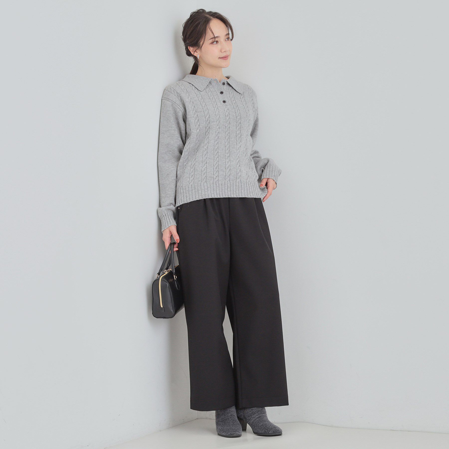 SHOO･LA･RUE「【S-LL】配色ボタンがポイント 襟付きケーブルニット」|ニット・セーター|