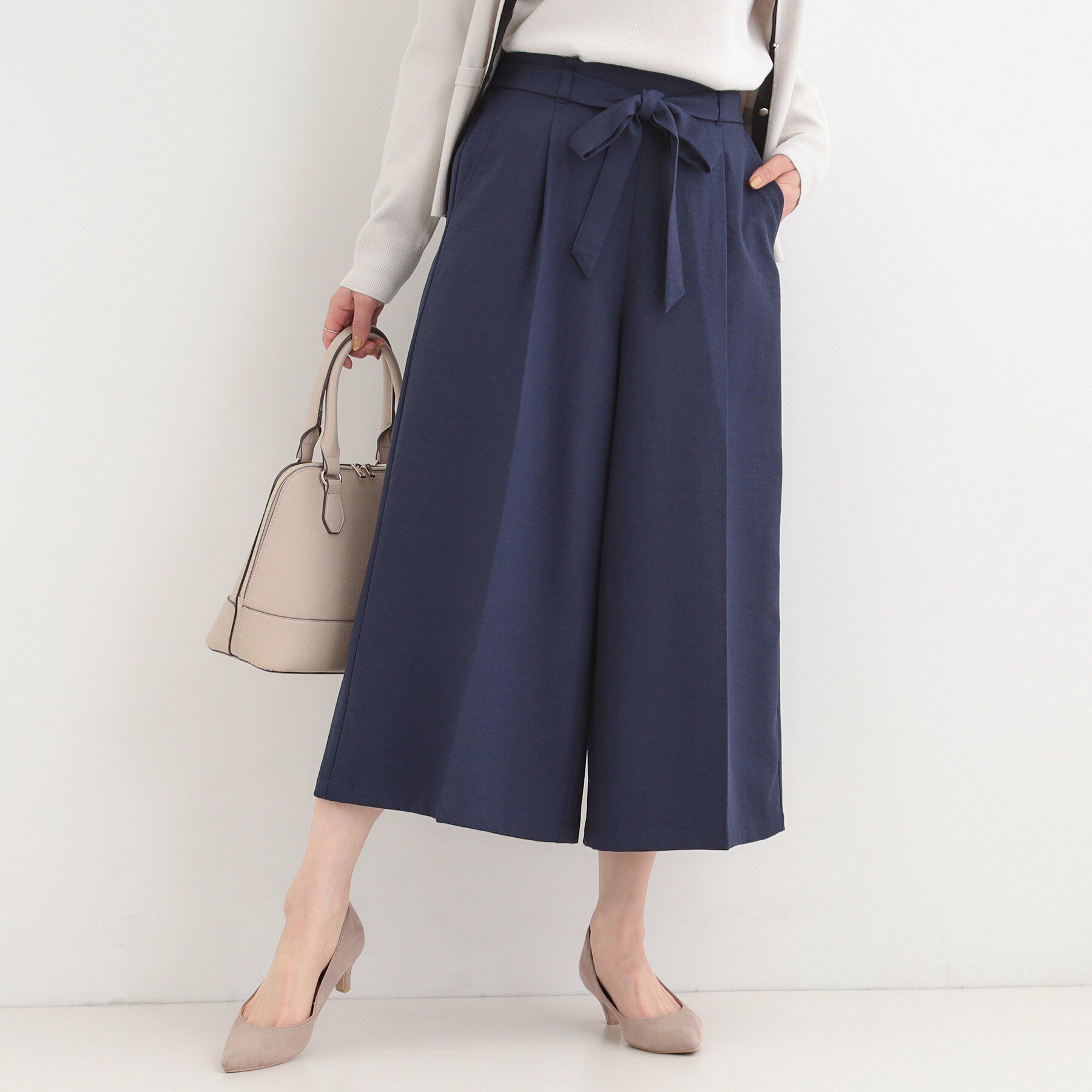 SHOO･LA･RUE「【洗濯機可/S-LL】ハイウエストで美脚見え リボンワイドパンツ」|その他|ネイビー(094)