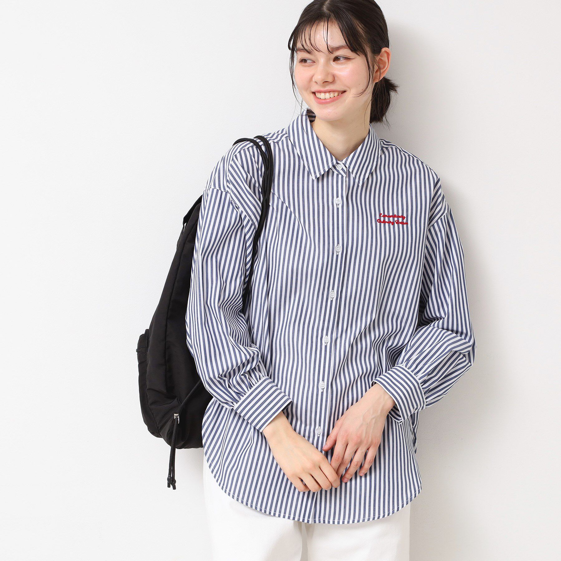 Dessin「【洗える】ロゴ刺繍入りストライプオーバーシャツ」|シャツ・ブラウス|ネイビー(595)