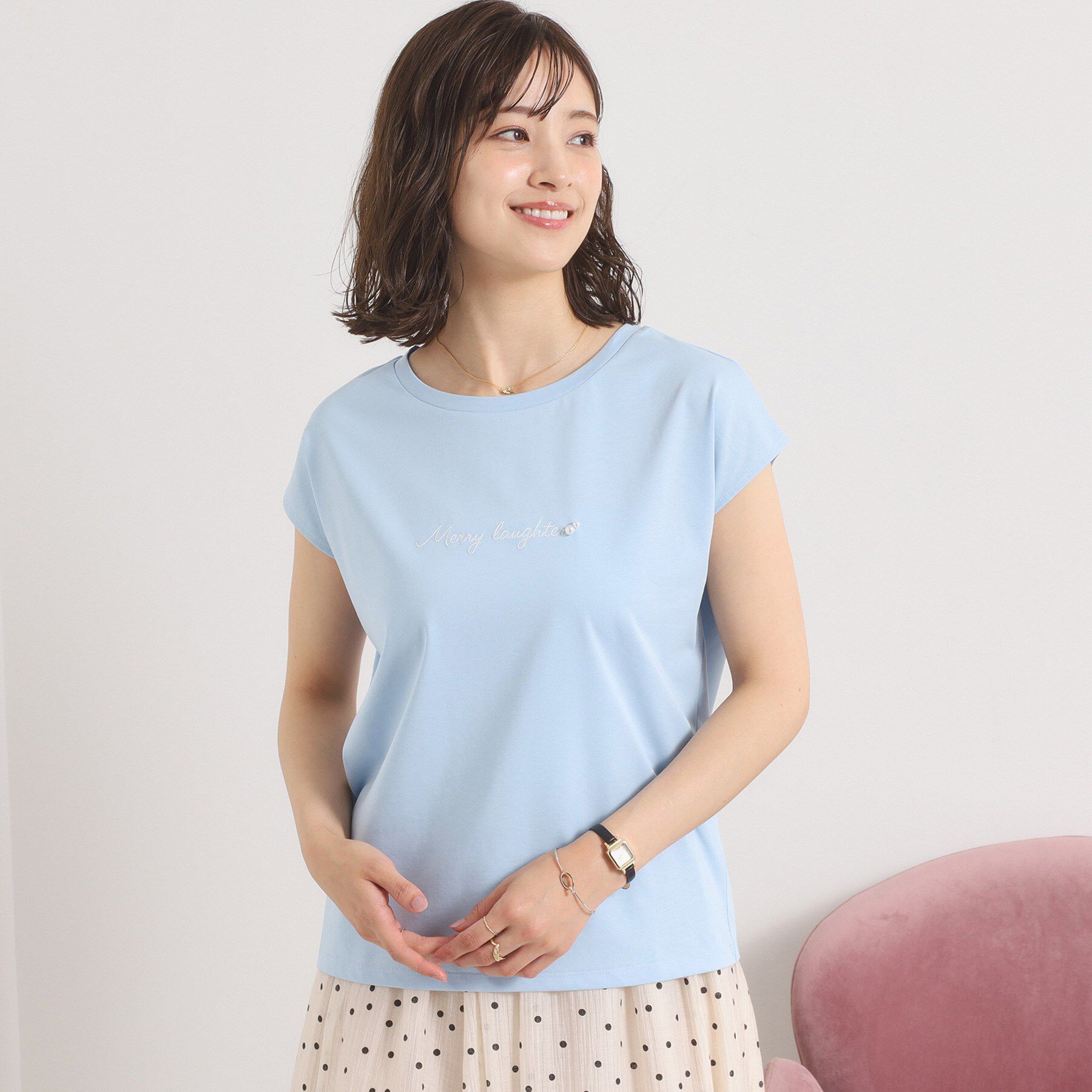 ITS&rsquo;DEMO「【接触冷感／洗濯機OK】刺繍&times;パール調ロゴフレンチT」|Tシャツ・カットソー|