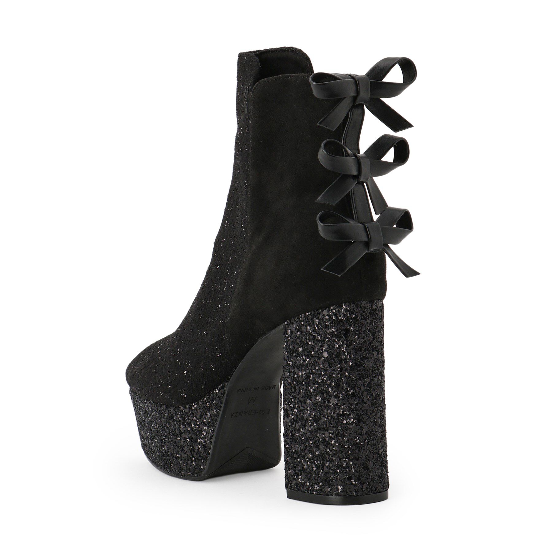 ESPERANZA「【ラク盛り/ショートブーツ】リピーター続出／脚長美脚 バックリボングリッターヒールショートブーツ」|ショートブーツ|