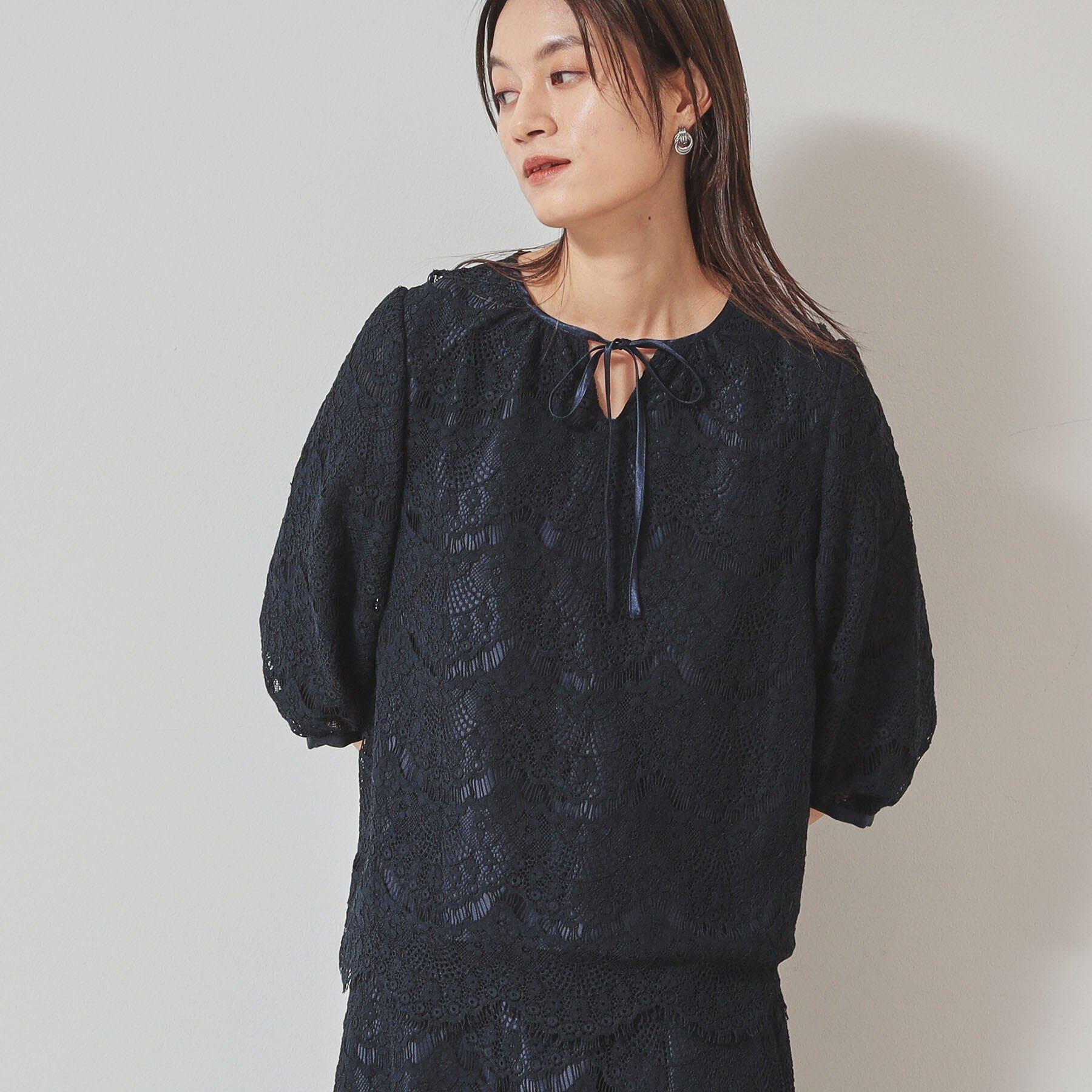 SunaUna「【春色／セットアップ可】裾スカラレースブラウス」|シャツ・ブラウス|ネイビー(094)