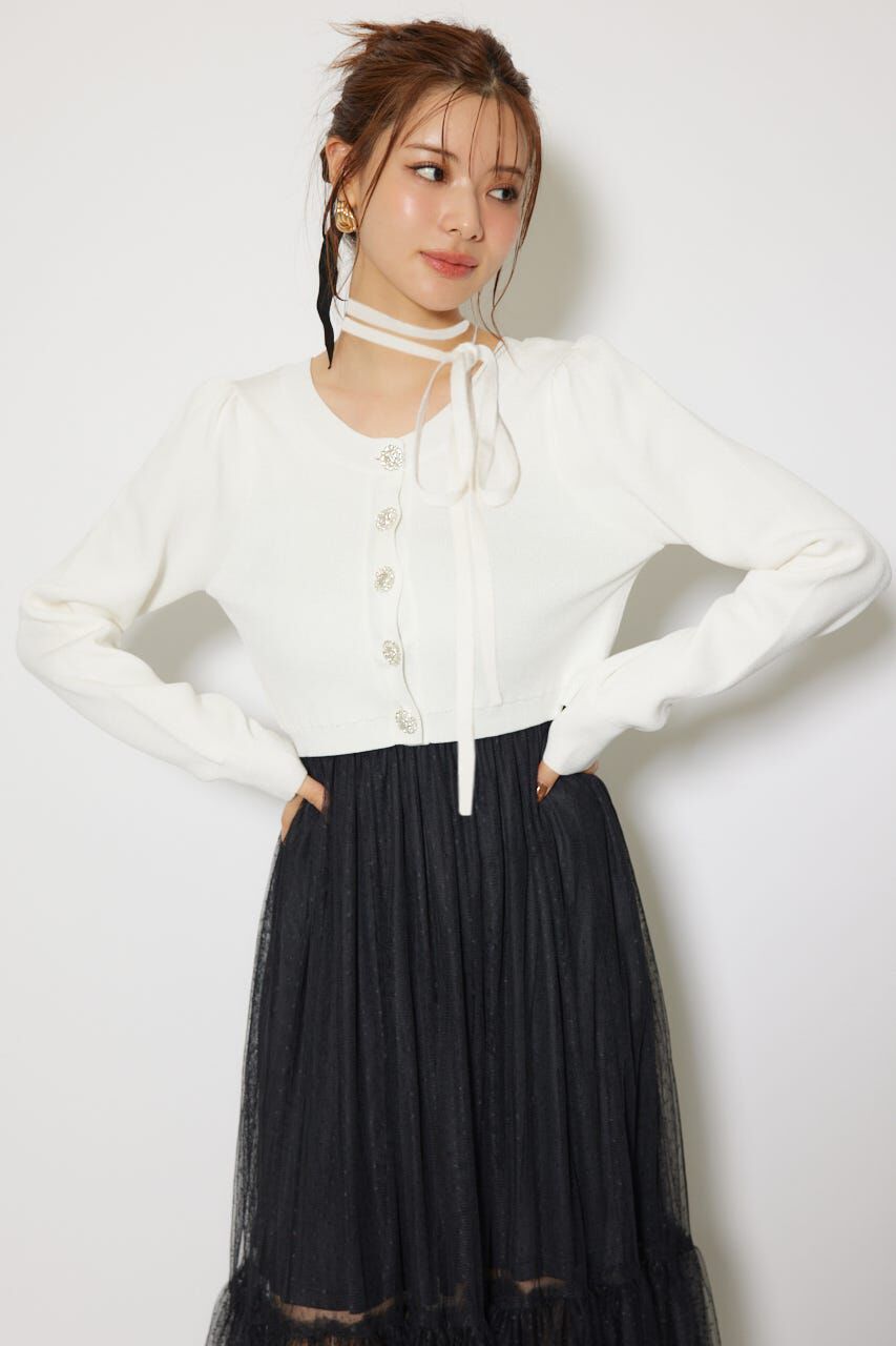 rienda「ニットカーディガンセットドットチュールフレアワンピース」|ワンピース|