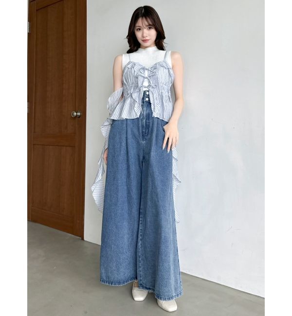 dazzlin「ダブルハイウエストワイドデニムパンツ」|デニム|