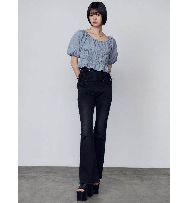 EMODA「リボンストリングフレアハイウエストパギンス」|デニム|