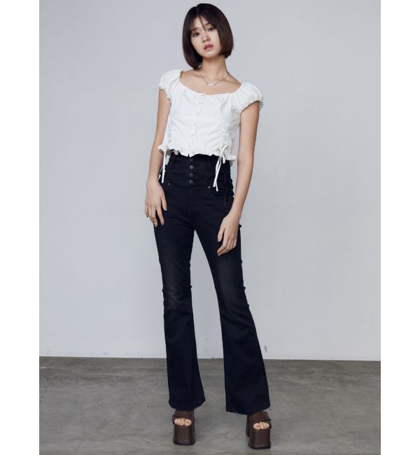EMODA「リボンストリングフレアハイウエストパギンス」|デニム|