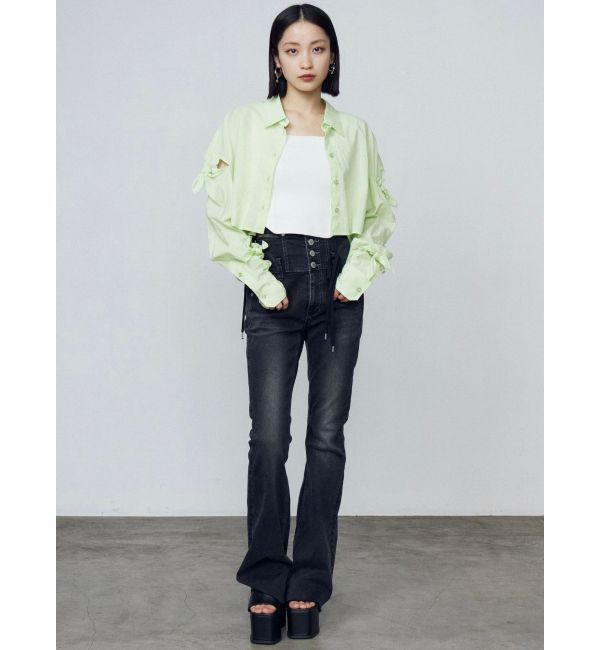 EMODA「リボンストリングフレアハイウエストパギンス」|デニム|