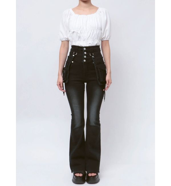 EMODA「ハングリボンフレアハイウエストパギンス」|デニム|