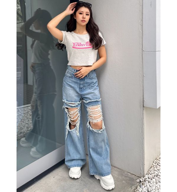 GYDA「ハイウエストThighs cutデザインダメージワイドデニムパンツ」|デニム|