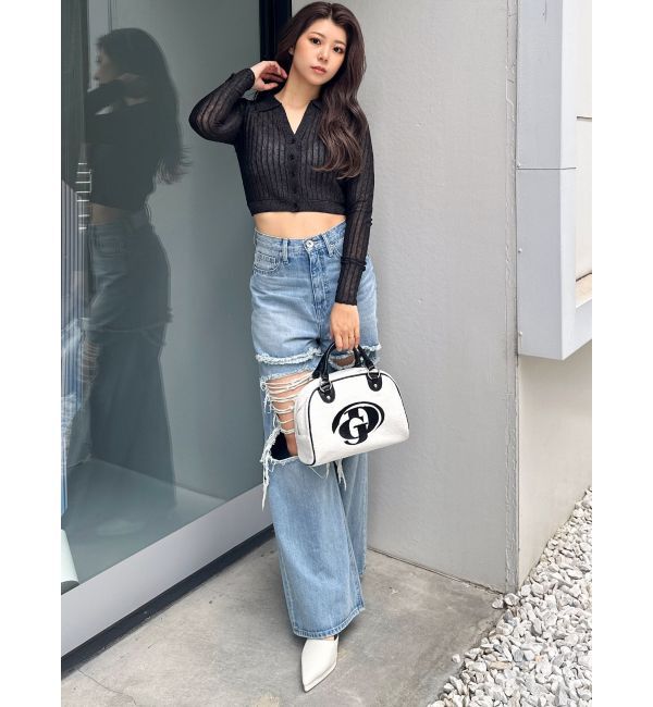 GYDA「ハイウエストThighs cutデザインダメージワイドデニムパンツ」|デニム|