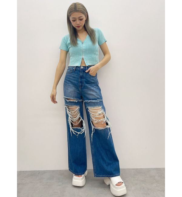 GYDA「ハイウエストThighs cutデザインダメージワイドデニムパンツ」|デニム|