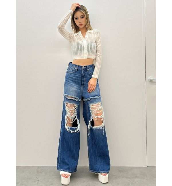 GYDA「ハイウエストThighs cutデザインダメージワイドデニムパンツ」|デニム|