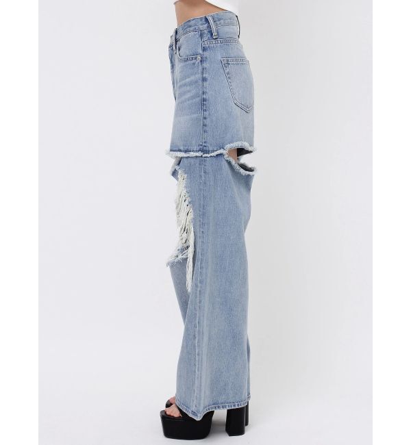 GYDA「ハイウエストThighs cutデザインダメージワイドデニムパンツ」|デニム|