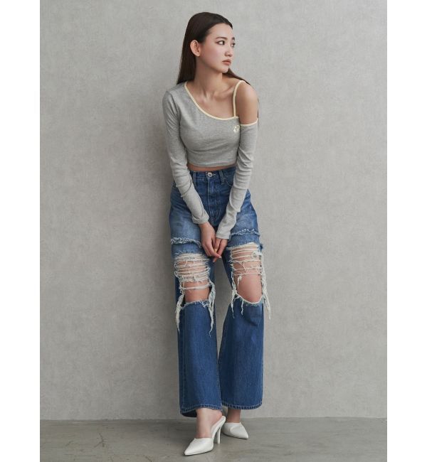 GYDA「ハイウエストThighs cutデザインダメージワイドデニムパンツ」|デニム|