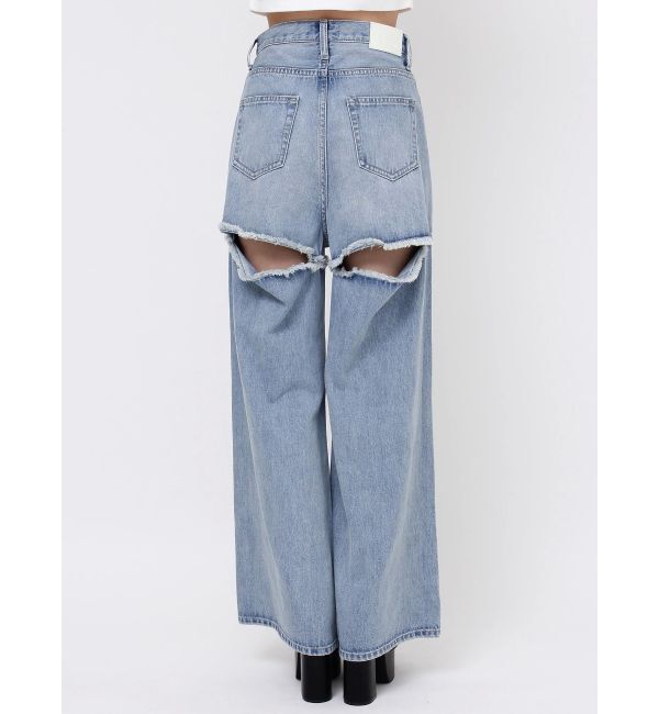 GYDA「ハイウエストThighs cutデザインダメージワイドデニムパンツ」|デニム|