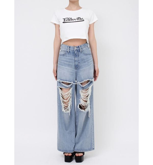 GYDA「ハイウエストThighs cutデザインダメージワイドデニムパンツ」|デニム|