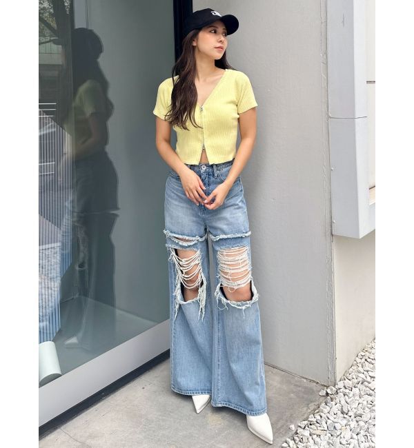 GYDA「ハイウエストThighs cutデザインダメージワイドデニムパンツ」|デニム|