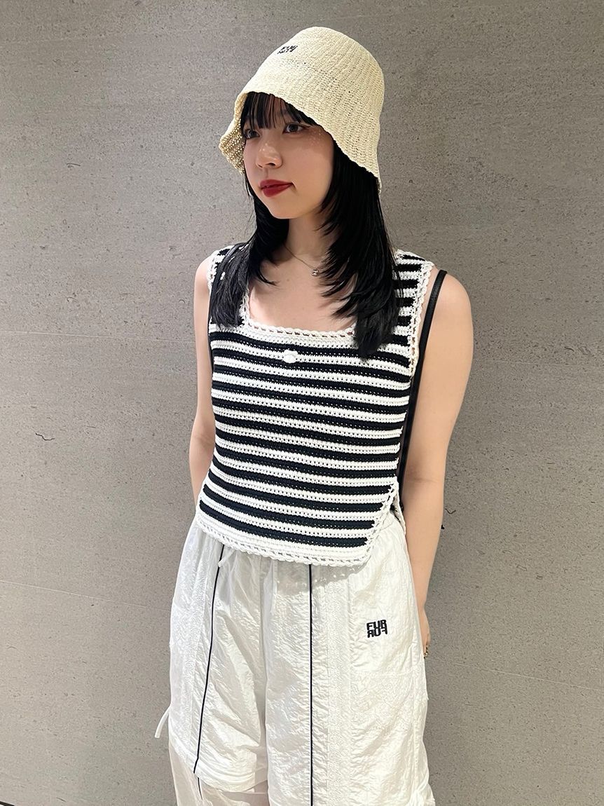 FURFUR「リボン刺繍ノースリーブボーダーニットトップス」|ニット・セーター|