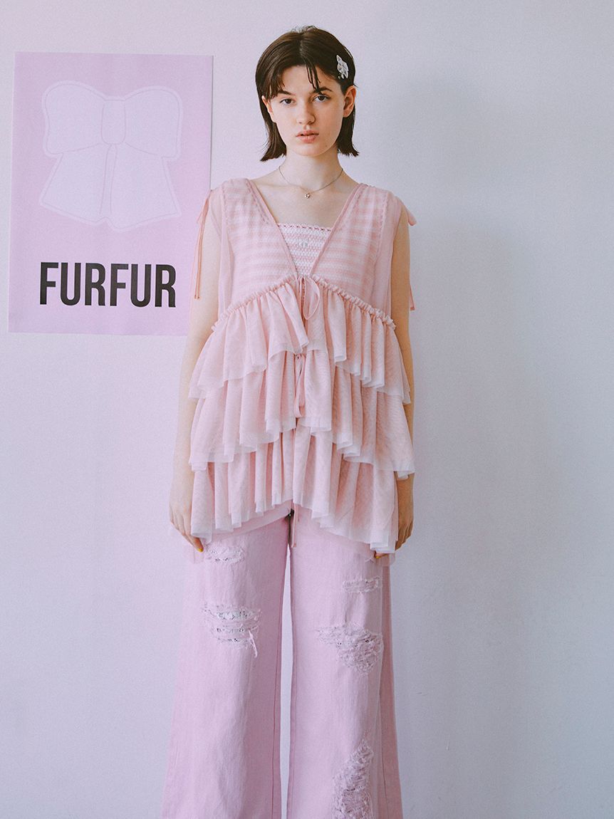 FURFUR「リボン刺繍ノースリーブボーダーニットトップス」|ニット・セーター|