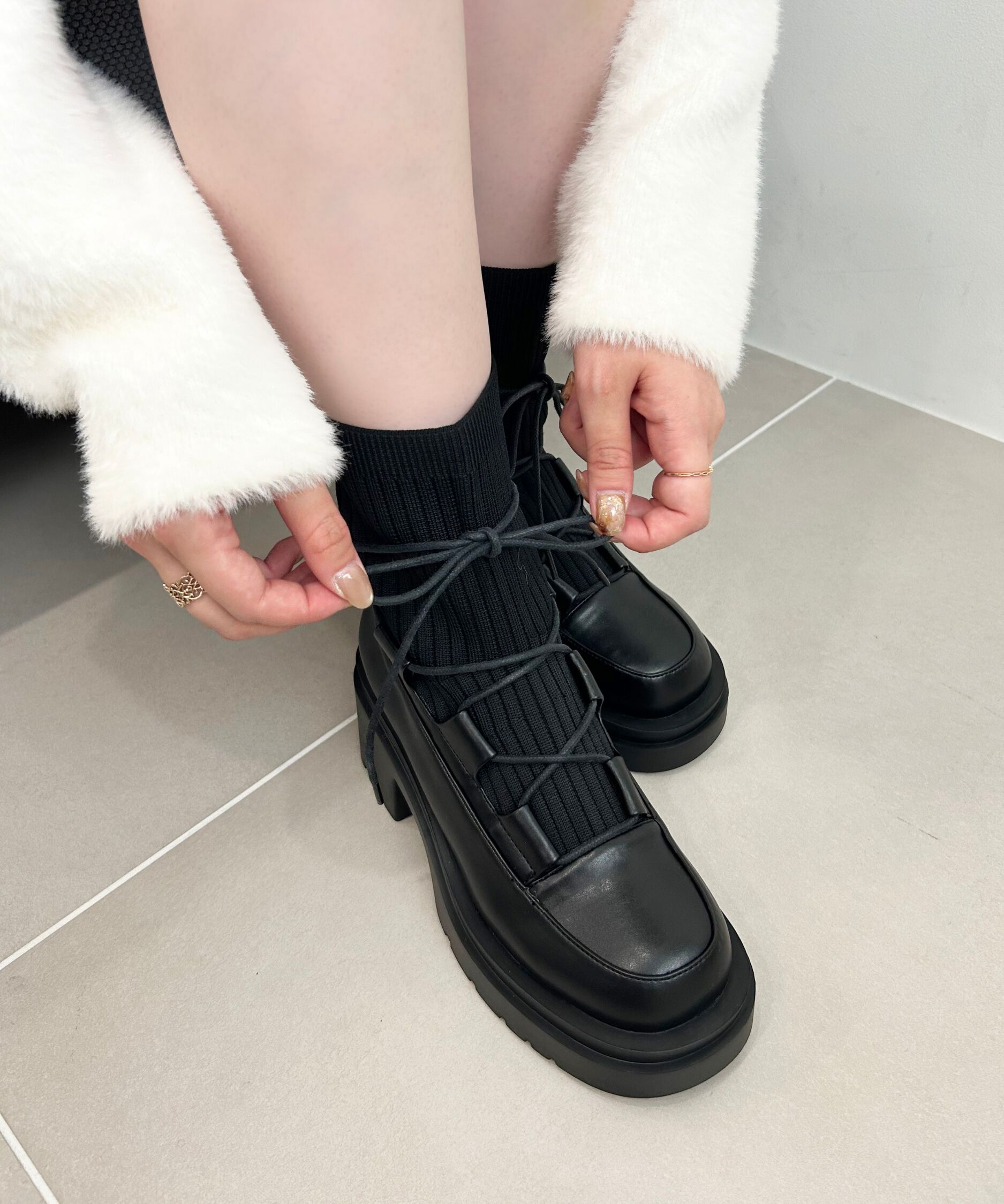 ORiental TRaffic「ニット ドッキング レースアップ ブーツ /41402」|ショートブーツ|