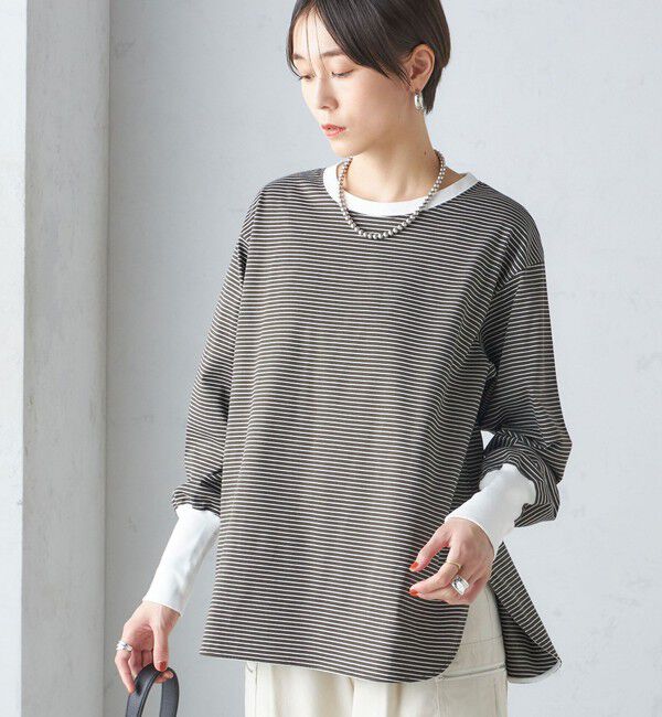 SHIPS for women「ロング リブ スリーブ カットソー  ボーダー / ソリッド」|Tシャツ・カットソー|カーキ