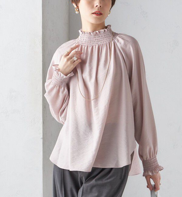 SHIPS for women「〈洗濯機可能〉シャーリング ネック 長袖 ブラウス」|シャツ・ブラウス|ピンク