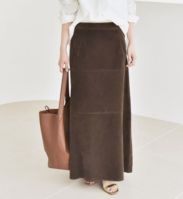 quaranciel「quaranciel:〈洗濯機可能〉ポリエステル スエード フレア マキシ スカート」|スカート|ブラウン