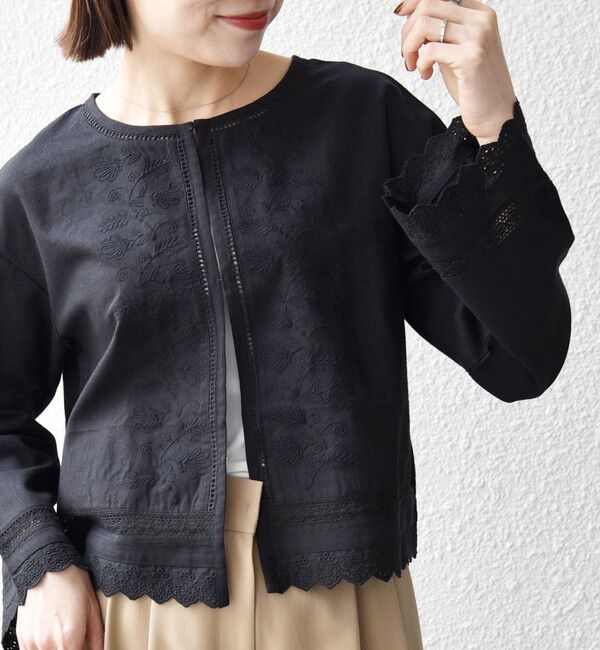 SHIPS any「《予約》SHIPS any:〈手洗い可能〉リネンミックス ハシゴレース シャツ カーディガン」|カーディガン|ブラック