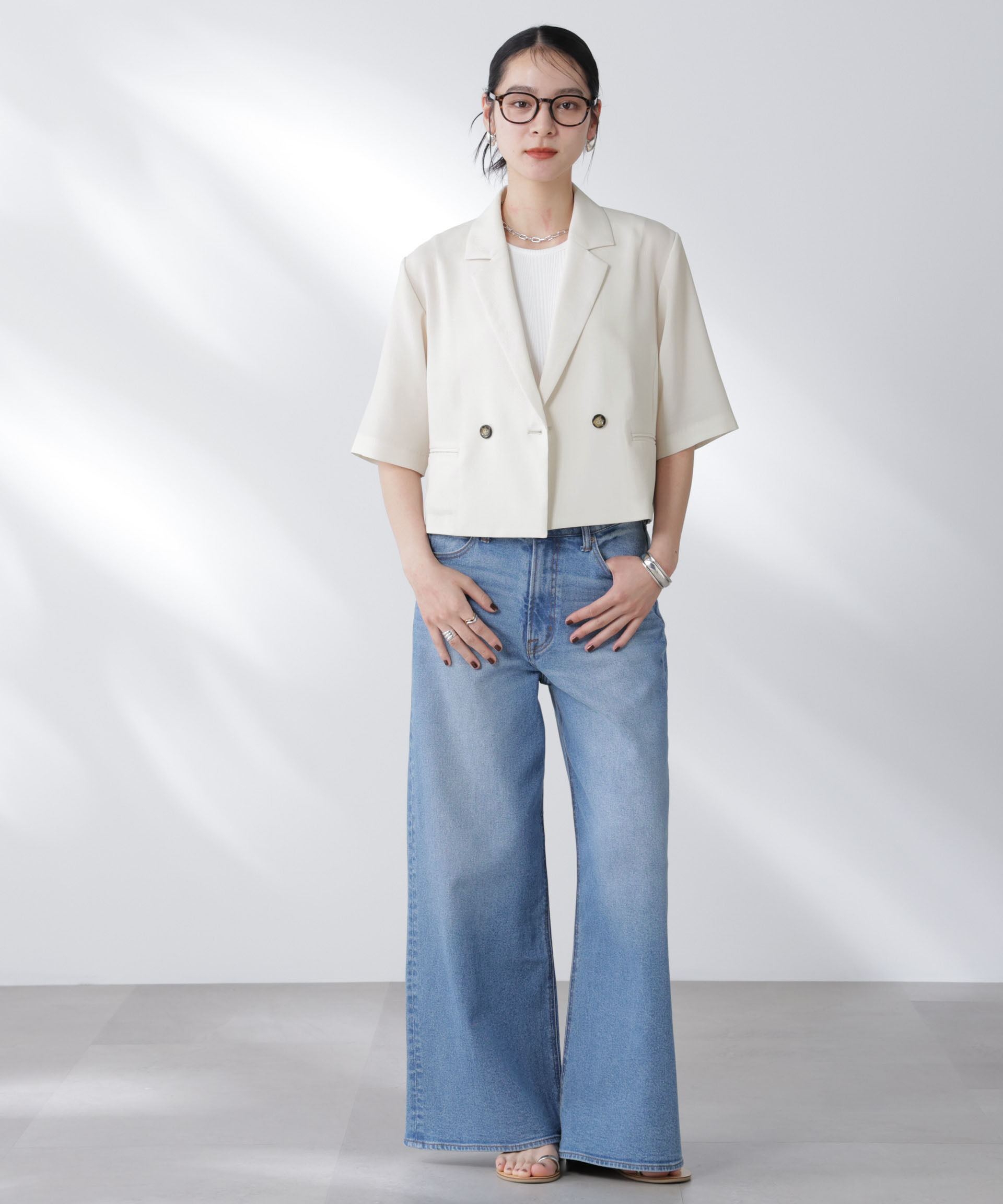 nano･universe「メランジドライ 半袖ショートダブルジャケット(セットアップ可)」|テーラードジャケット|