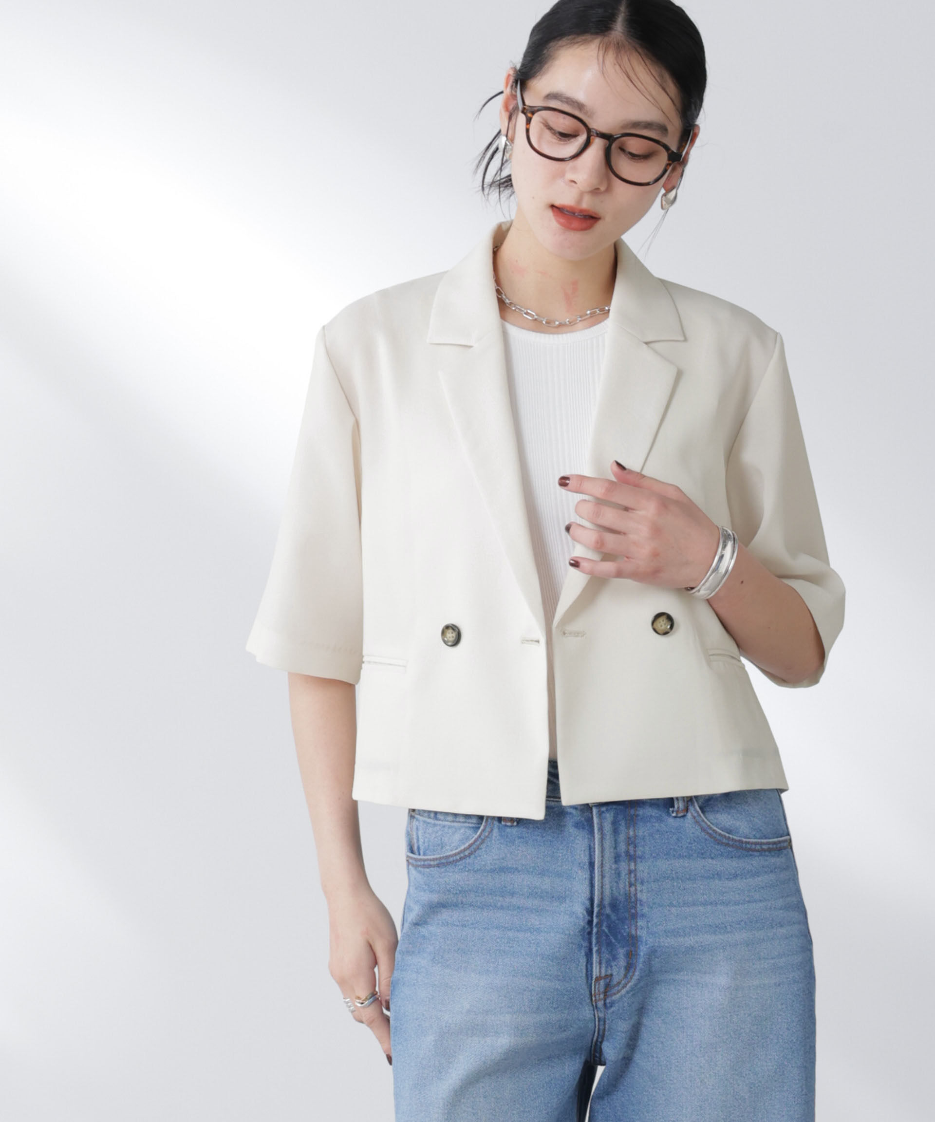 nano･universe「メランジドライ 半袖ショートダブルジャケット(セットアップ可)」|テーラードジャケット|