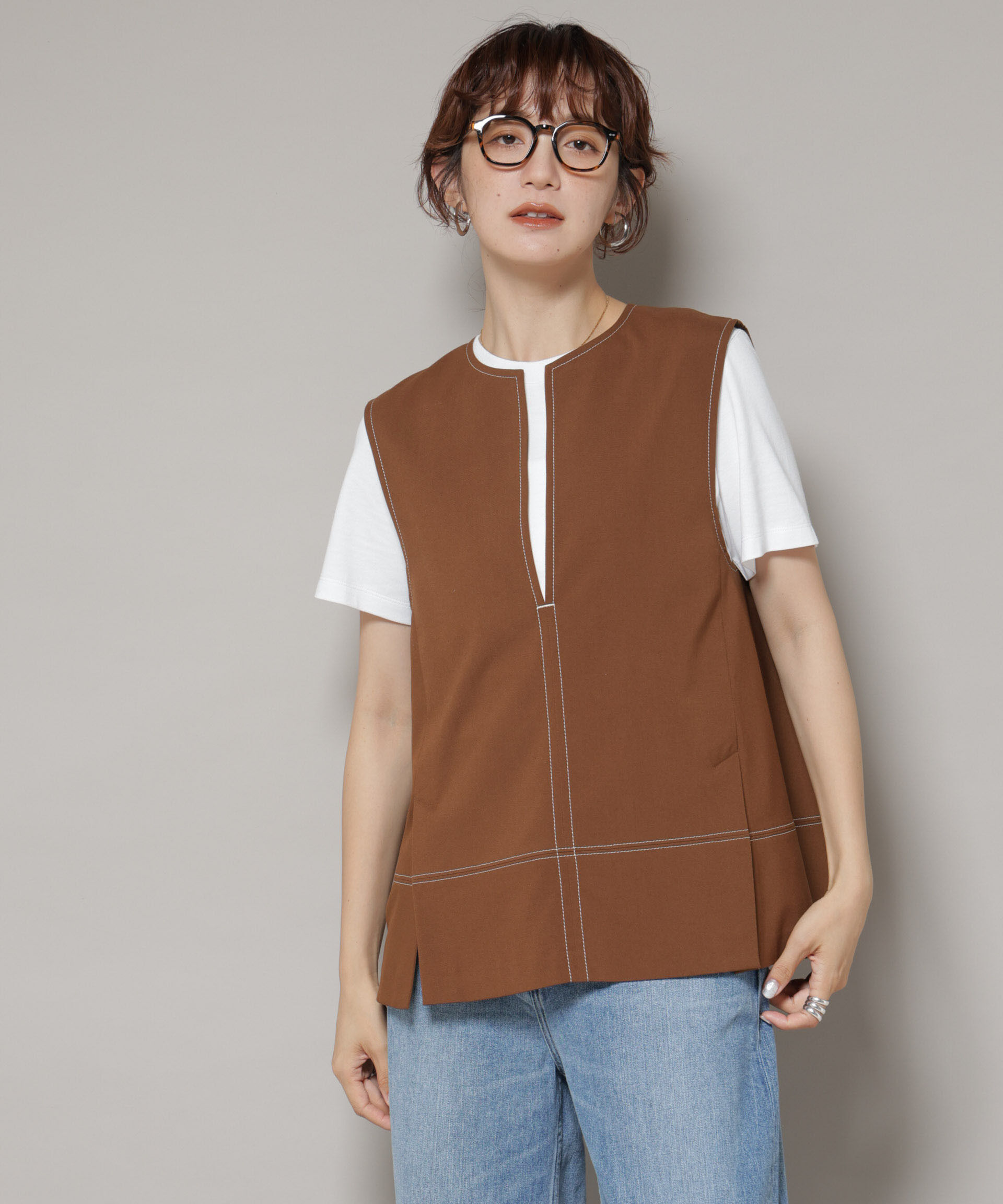 nano･universe「ドライウェザーストレッチバイカラーステッチベスト(セットアップ可)」|シャツ・ブラウス|ブラウン