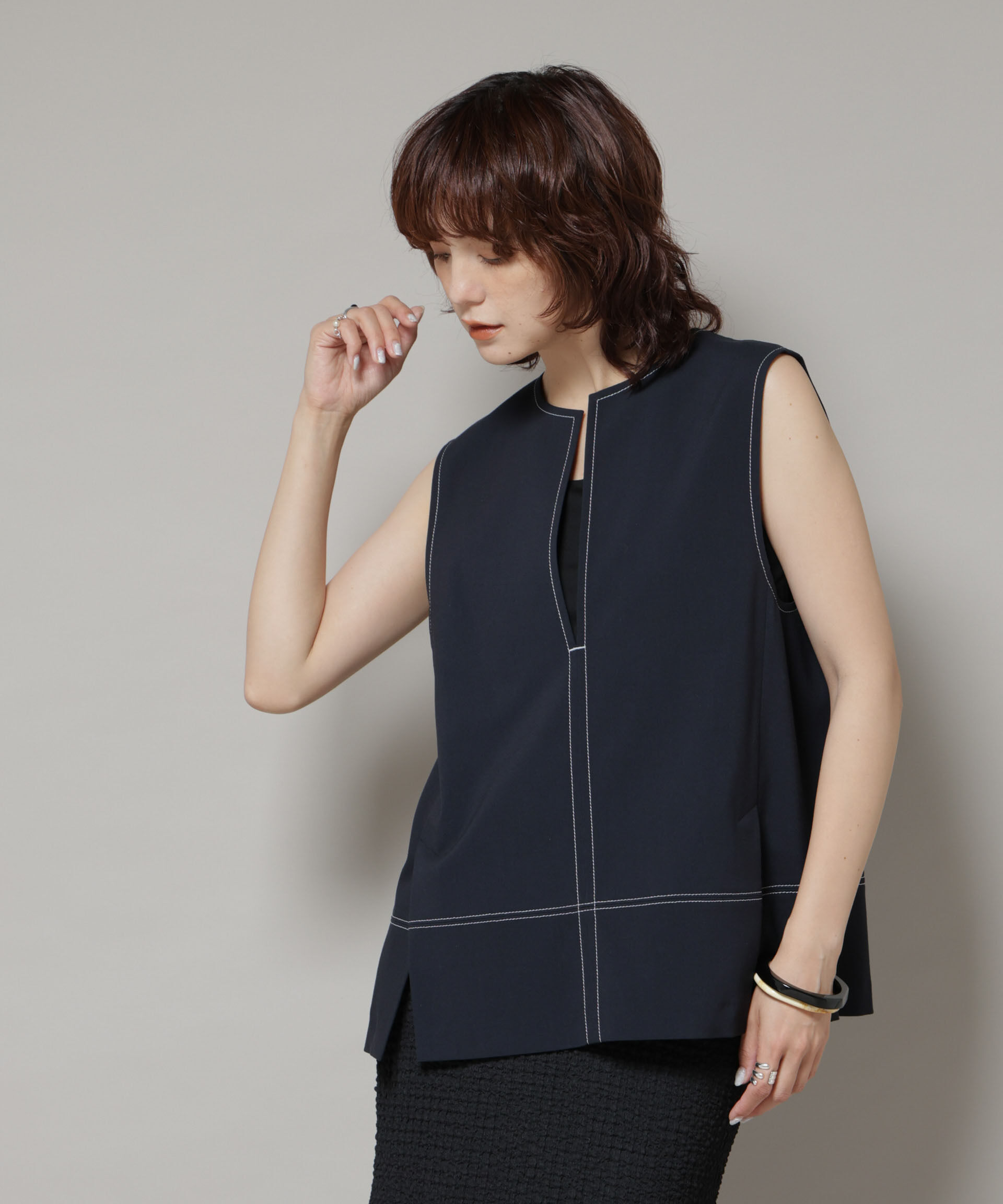 nano･universe「ドライウェザーストレッチバイカラーステッチベスト(セットアップ可)」|シャツ・ブラウス|ネイビー