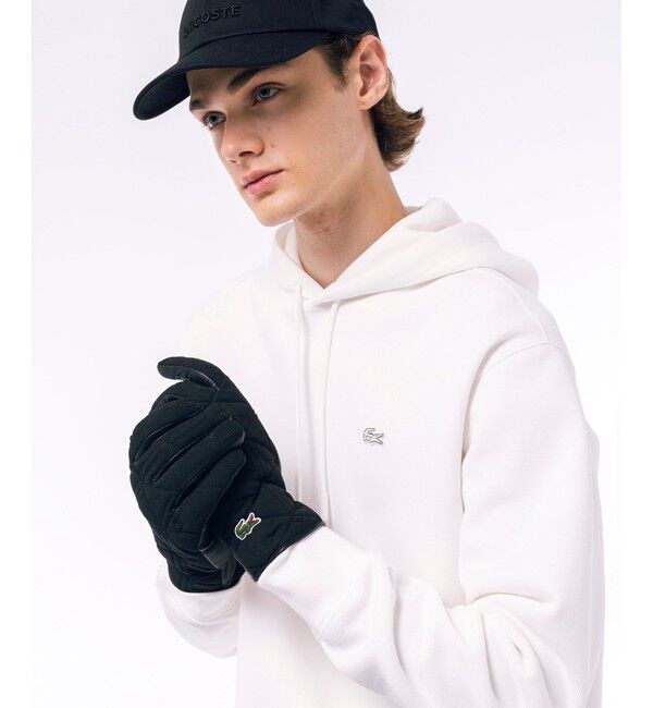 LACOSTE「モノグラムキルティング&times;レザーグローブ」|手袋|ブラック