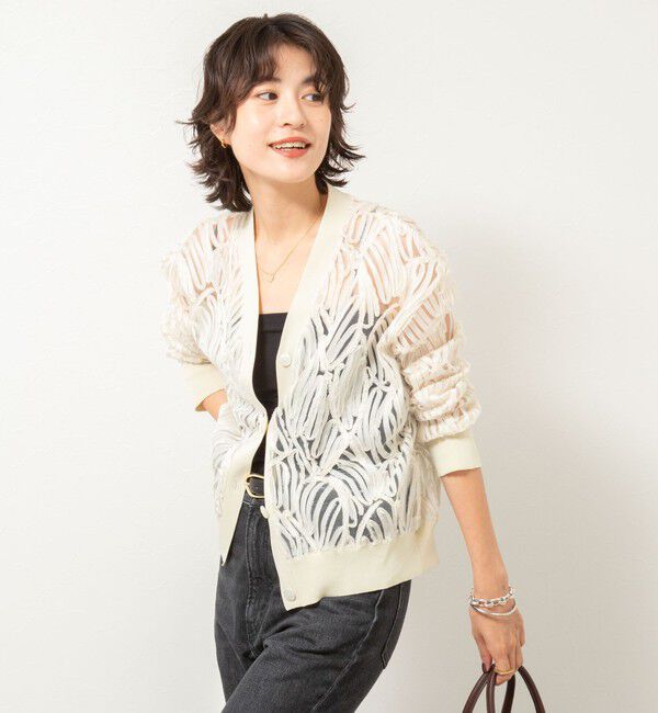 Rie Miller「【追加】《セットアップ対応》チュール刺繍Vネックカーディガン」|カーディガン|