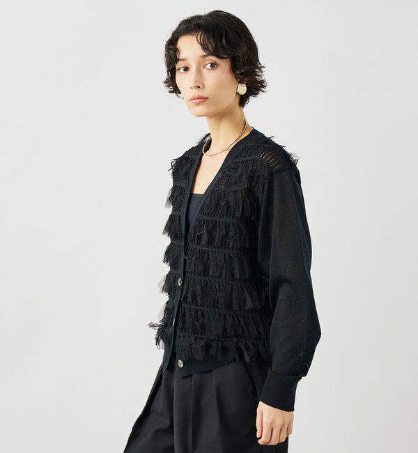 NOLLEY'S「《手洗い可能》チュールフリンジVネックカーディガン」|カーディガン|