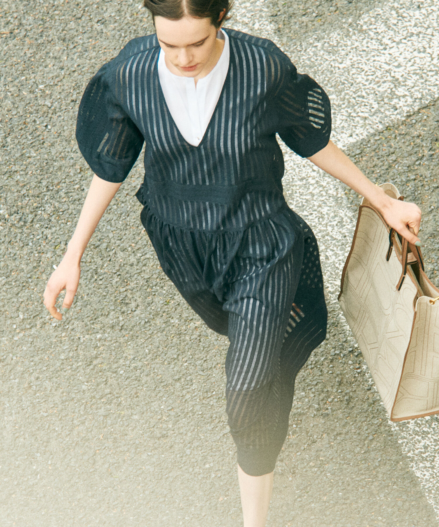 ROPE「シャドーストライプ/楊柳 レイヤードワンピース」|ワンピース|ネイビー(40)